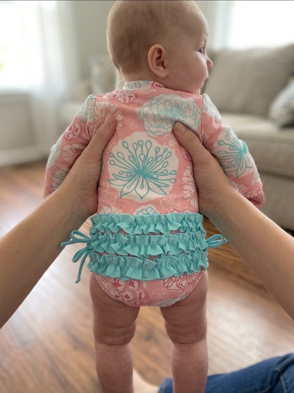 Ruffle Butts Long-Sleeve Floral Rash Guard Swimsuit - Pink & Teal Sz 0-3 months